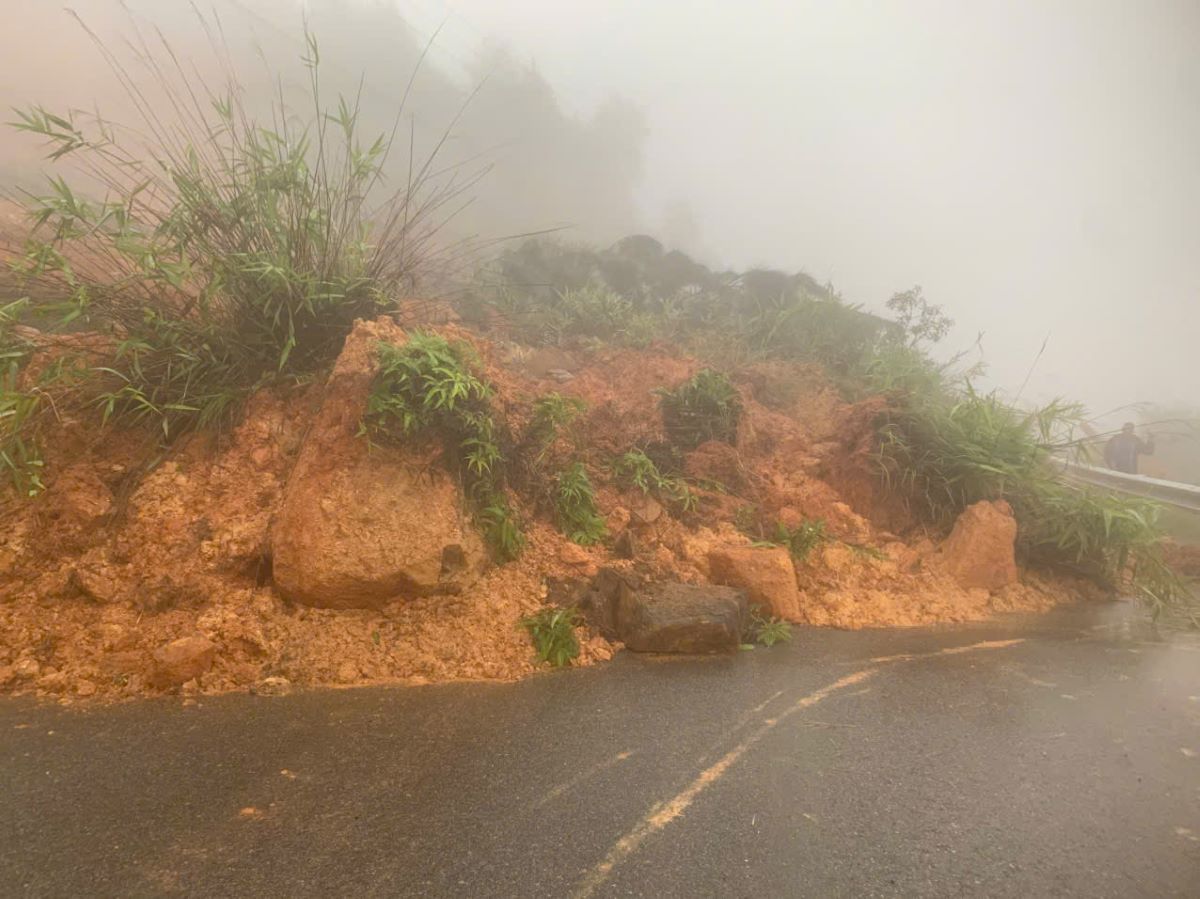 Sạt lở khiến đất đá đổ xuống, phủ kín mặt đường đèo Đại Ninh. Ảnh: Duy Tuấn