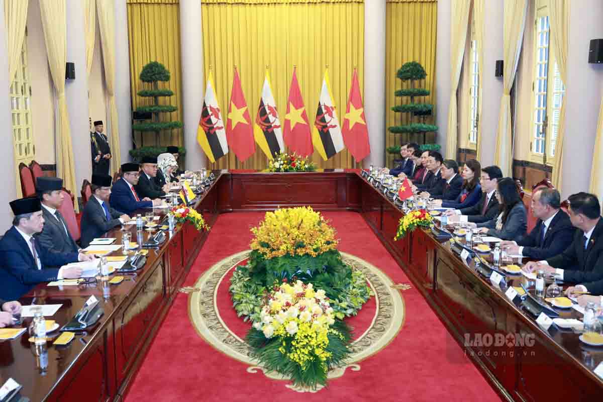 Sau lễ đón, Chủ tịch nước Lương Cường và Quốc vương Haji Hassanal Bolkiah dẫn đầu đoàn cấp cao hai nước tiến hành hội đàm. Ảnh: Hải Nguyễn