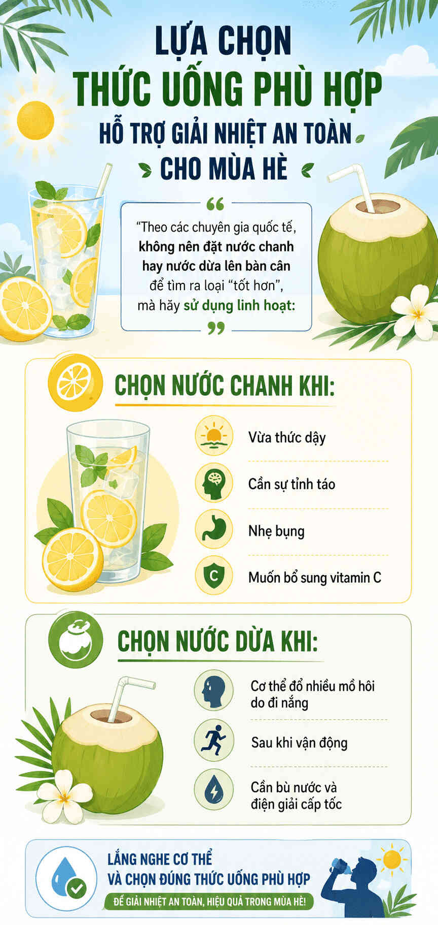 Infographic: Hướng dẫn cách lựa chọn thức uống giải nhiệt an toàn mùa hè giữa nước chanh giàu Vitamin C và nước dừa bù điện giải. Đồ họa: Trà My