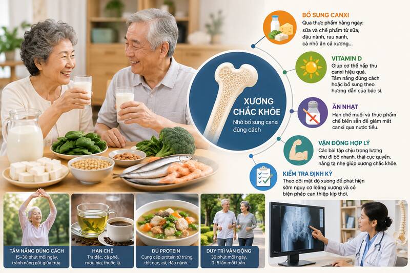 Tập luyện, tiếp xúc ánh nắng hợp lý và bổ sung dưỡng chất đúng cách giúp cơ thể hấp thụ, sử dụng canxi hiệu quả hơn. Ảnh có sự hỗ trợ của AI