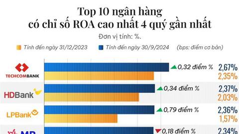 TOP 10 ngân hàng có ROA cao nhất 9 tháng năm 2024: Các ngân hàng cổ phần chiếm sóng
