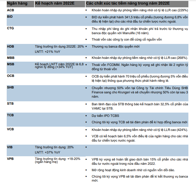 Kế hoạch năm 2022 của ngành ngân hàng và các chất xúc tác. (Nguồn: Yuanta Việt Nam).