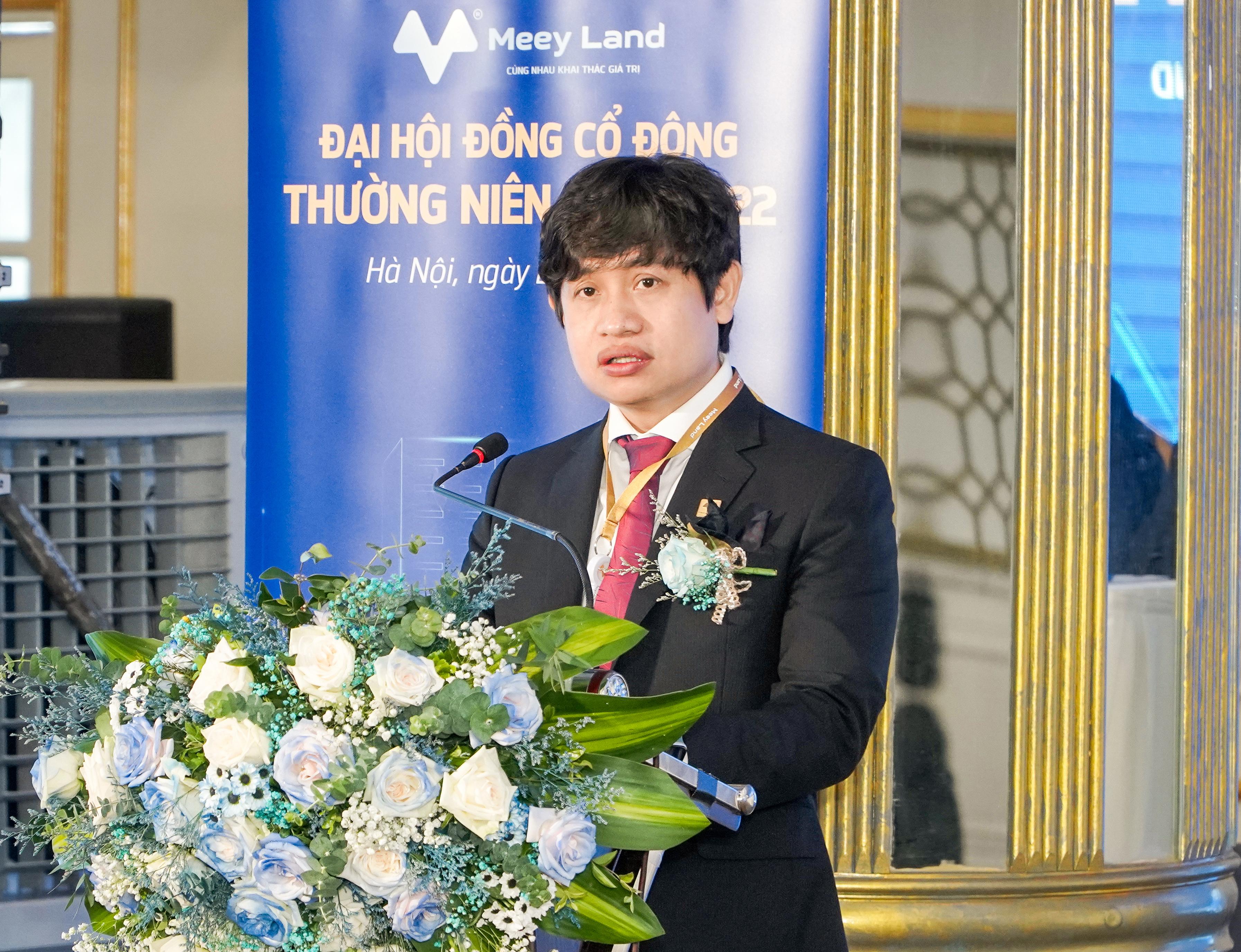 Tại Đại hội, ông Hoàng Mai Chung – Chủ tịch Hội đồng quản trị Công ty cổ phần Tập đoàn Meey Land đã chia sẻ về mục tiêu và định hướng của công ty. Tại Đại hội, ông Hoàng Mai Chung – Chủ tịch Hội đồng quản trị Công ty cổ phần Tập đoàn Meey Land đã chia sẻ về mục tiêu và định hướng của công ty.