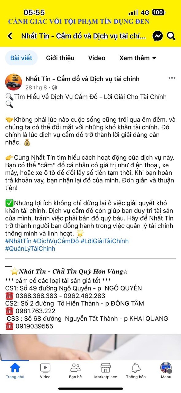 Đỗ Quốc Huy thường xuyên đăng tải các bài viết quảng cáo về hoạt động cầm đồ, cho vay tiền trên mạng xã hội.