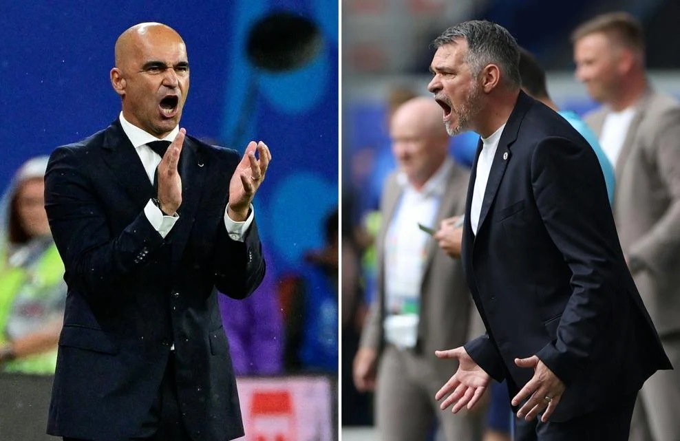 Màn đối đầu của 2 huấn luyện viên Roberto Martinez và Willy Sagnol. Ảnh: UEFA