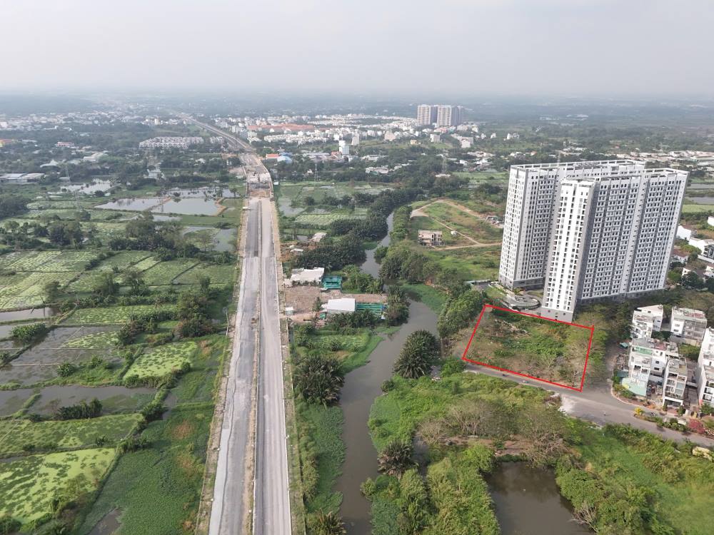 Lô đất nằm trong khu dân cư với căn hộ, nhà phố đã có nhiều người sinh sống. Hiện phần đất đấu giá được người dân tận dụng để trồng chuối, rau củ. Ảnh: Anh Tú