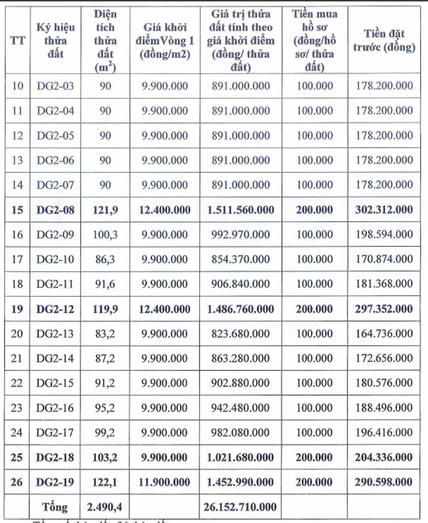 Thông tin các thửa đất trong phiên đấu giá ngày 10.4. Ảnh chụp màn hình