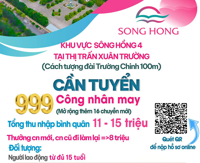 Công ty Cổ phần May Sông Hồng thông báo tuyển dụng người lao động từ đủ 15 tuổi trở lên. Ảnh: Chụp màn hình.