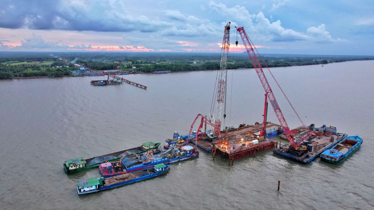 Sản lượng thi công cầu Đại Ngãi 1 đạt 4%. Ảnh: Ban Quản lý 85 cung cấp