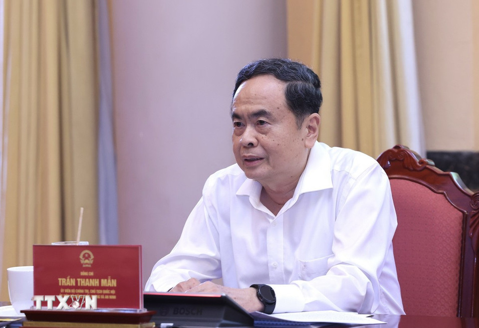 Ủy viên Bộ Chính trị, Chủ tịch Quốc hội Trần Thanh Mẫn phát biểu tại phiên họp. Ảnh: TTXVN