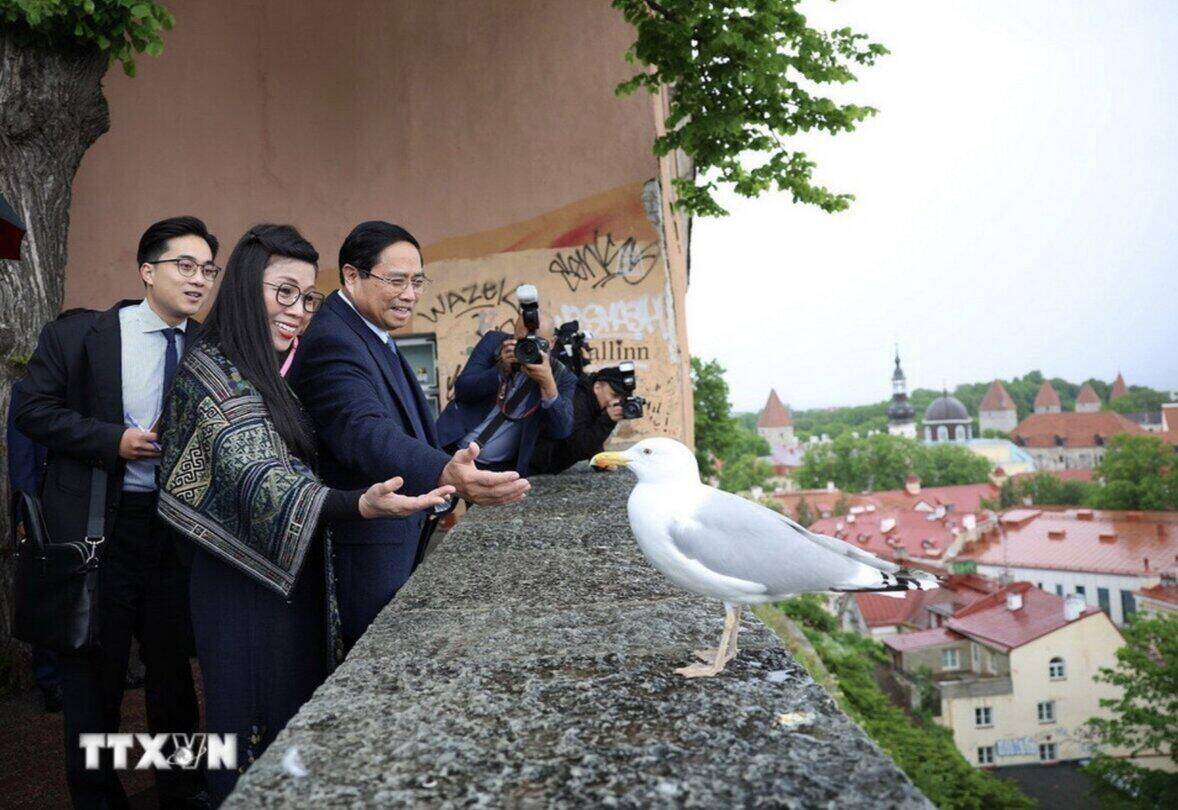 Thủ tướng Chính phủ Phạm Minh Chính cùng Phu nhân tham quan không gian, kiến trúc, lịch sử khu phố cổ Tallinn. Ảnh: TTXVN