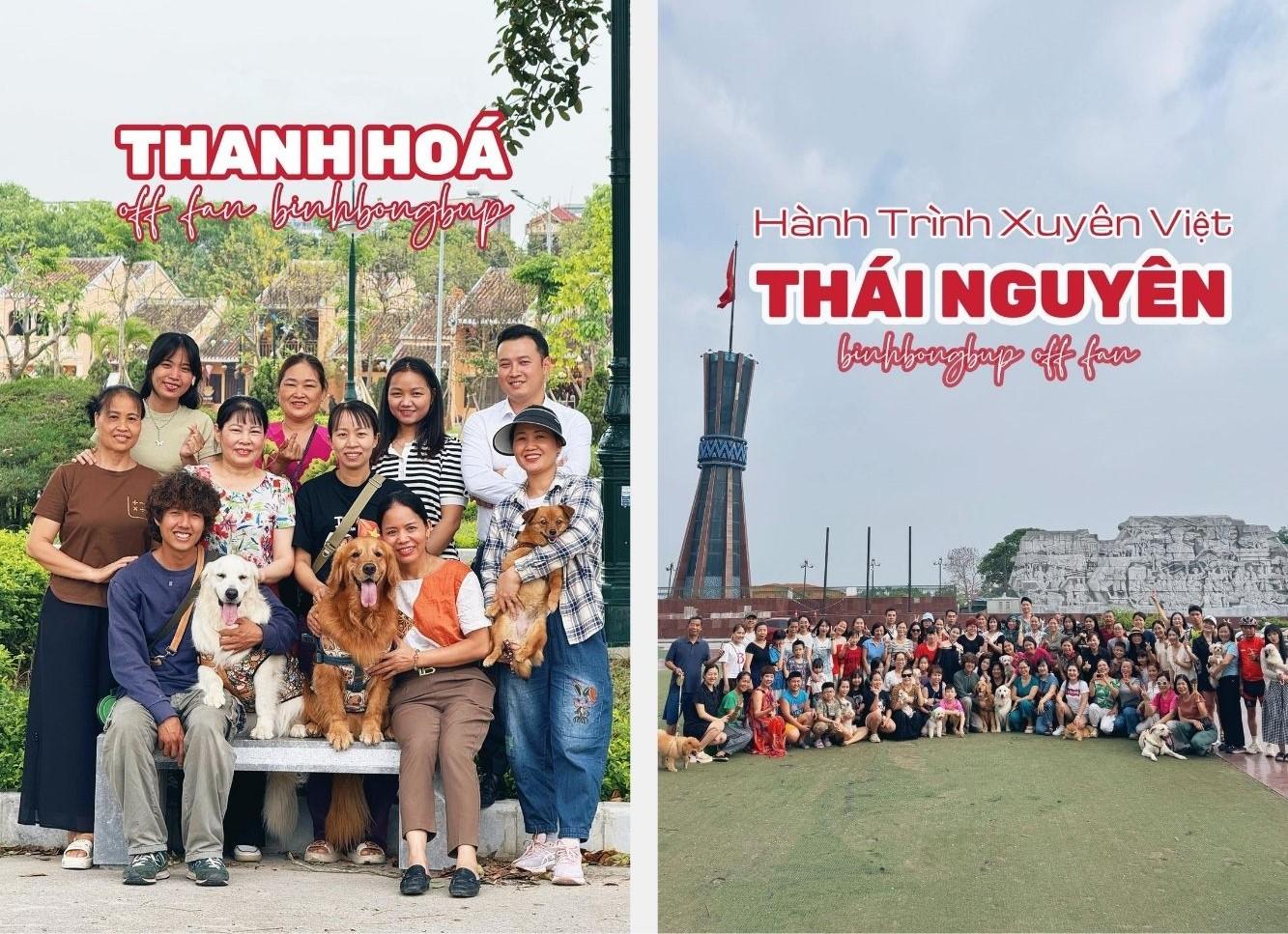 Không chỉ ngắm nhìn những cảnh đẹp ở nơi mới, ăn đặc sản vùng miền mới mà Bình Bông Bụp còn có cơ hội gặp gỡ người hâm mộ từ bốn phương. Mỗi tỉnh thành dừng chân, Bình luôn cố gắng dành một buổi hẹn để “off fan” (gặp gỡ giao lưu những người yêu chó). Nhiều người đến còn tặng quà là đồ ăn, lì xì cho Bông và Bụp. “Đây là một phần tụi mình vui vì tiếp xúc và làm quen nhiều người, được trải nghiệm nhiều hơn“.
