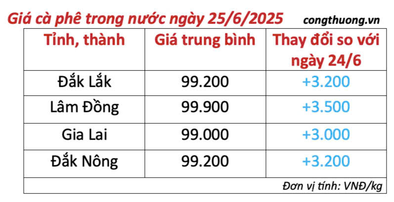Bảng giá cà phê trong nước cập nhật sáng ngày 25/6/2025
