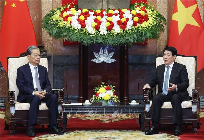 Ủy viên Bộ Chính trị, Chủ tịch nước Lương Cường tiếp Ủy viên trưởng Nhân đại toàn quốc Trung Quốc Triệu Lạc Tế. Ảnh: TTXVN