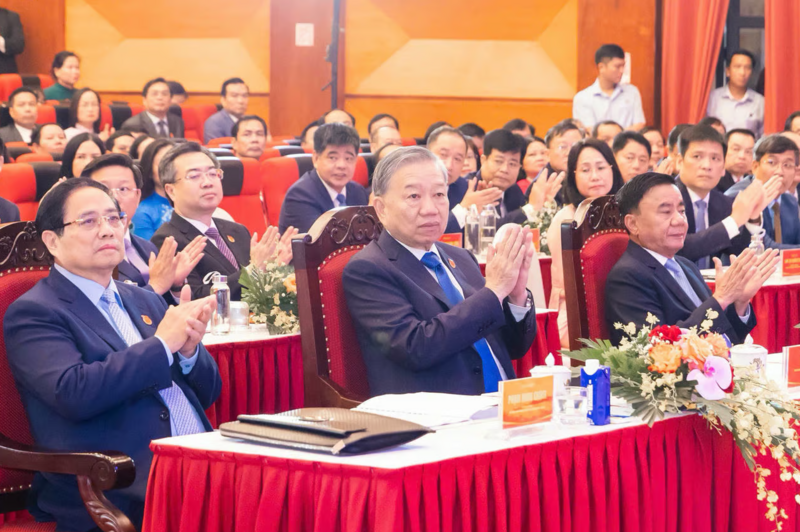 Tổng Bí thư Tô Lâm, Thủ tướng Phạm Minh Chính, Thường trực Ban Bí thư Trần Cẩm Tú dự Đại hội. Ảnh: Quang Vinh