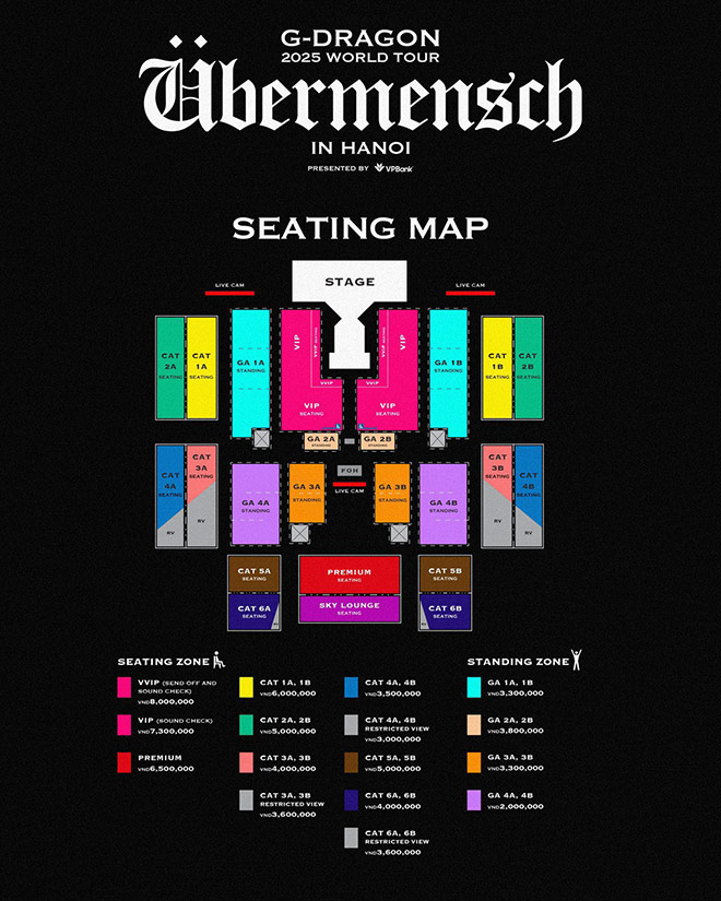 Sơ đồ chỗ ngồi và giá vé concert của G-Dragon tại Hà Nội. Ảnh: Ban tổ chức