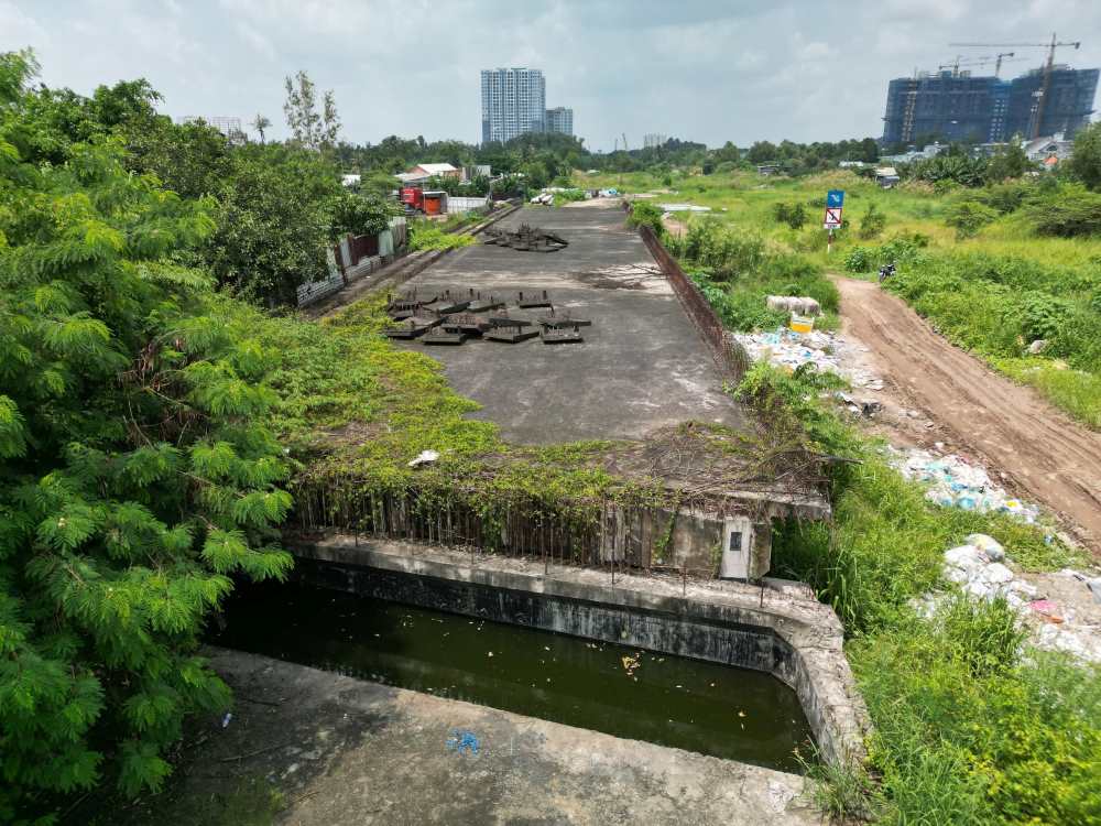 Cỏ dại mọc um tùm, che khuất cả hành lang và rào chắn. Máy móc đã di dời, không còn người trông coi. Ảnh: Anh Tú