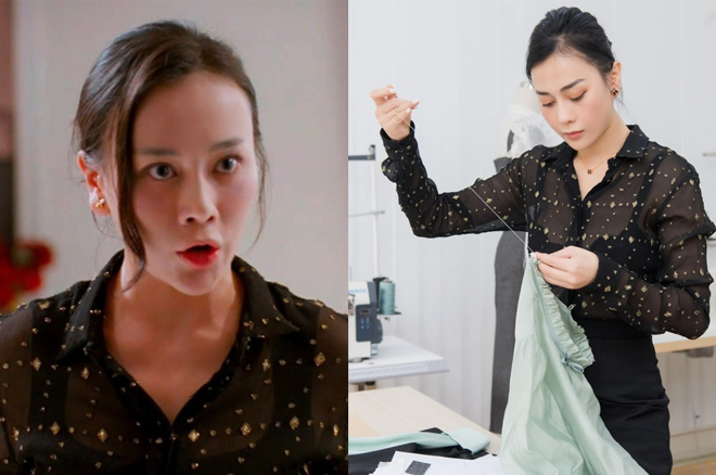 Phương Oanh với chiếc áo sơ mi từ trong phim tới ngoài đời thường. Ảnh: VFC, nghệ sĩ cung cấp