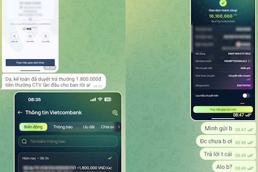 Cuộc trò chuyện và giao dịch chuyển khoản giữa người lao động với đối tượng lừa đảo. Ảnh: NVCC