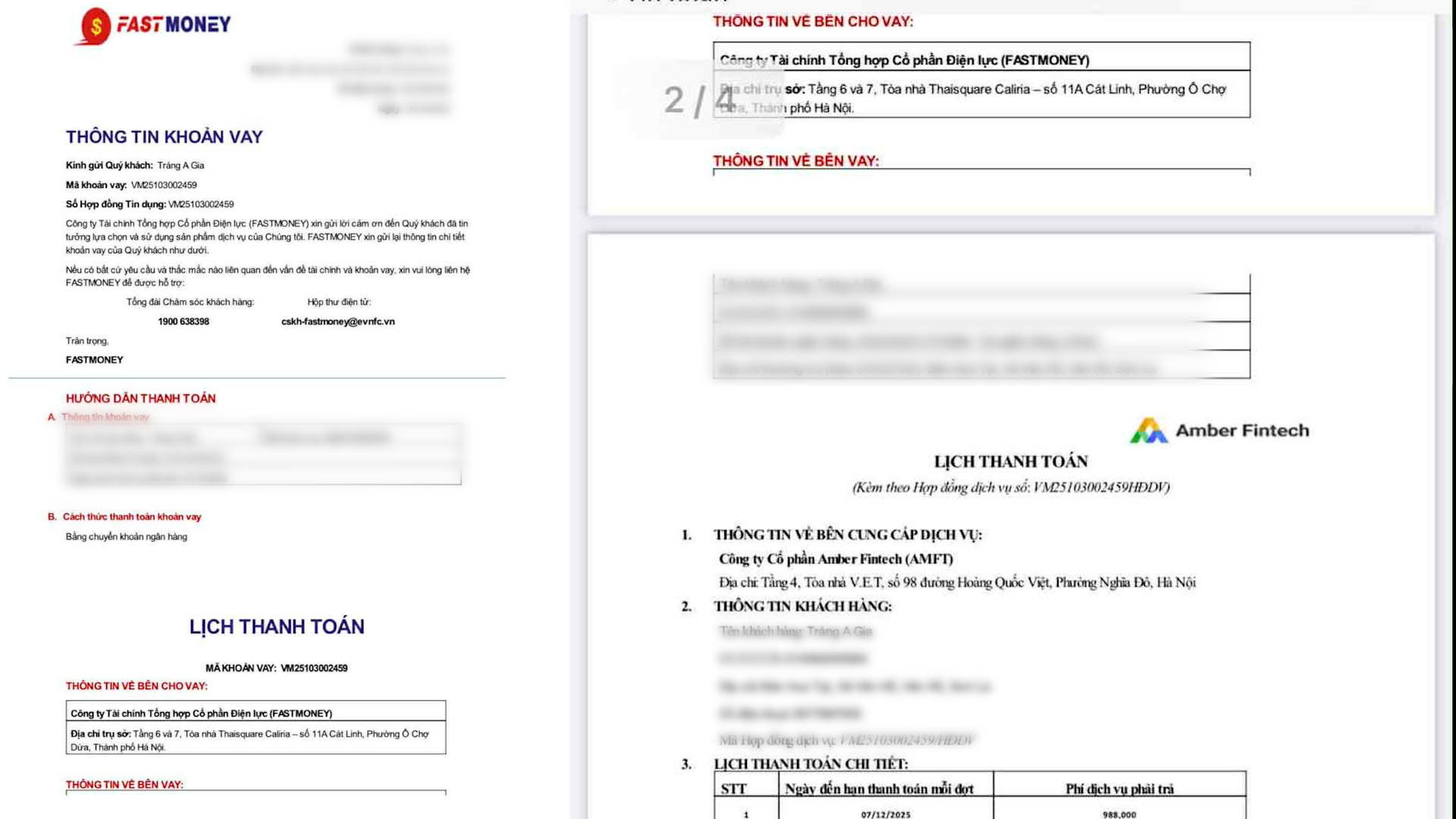 Khoản vay qua FASTMONEY kèm 1 hợp đồng với Amber Fintech. Ảnh: NVCC