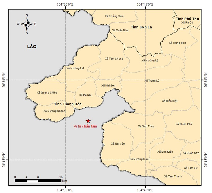Bản đồ chấn tâm trận động đất mạnh 4,8 độ ở Lào. Ảnh: Viện Các khoa học Trái đất