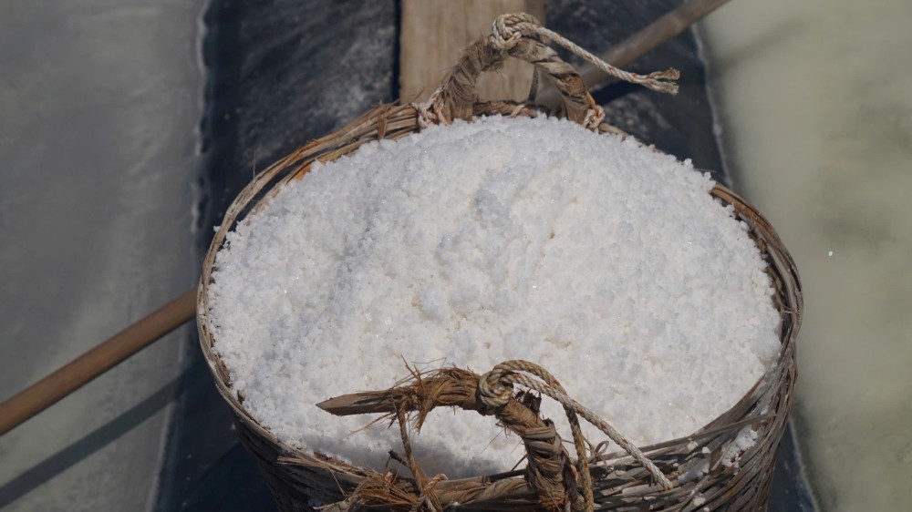 Những bàn tay chai sần, rám nắng của người dân ấp đảo nâng niu từng vốc muối trắng tinh khôi - thành quả sau những tháng ngày 'bán mặt cho đất, bán lưng cho trời'