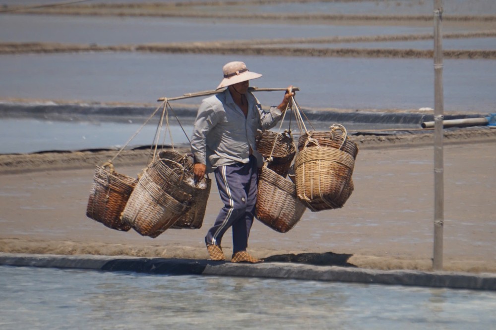 Diêm dân đội nắng thu hoạch muối giữa trưa. Ảnh: Thái Bảo