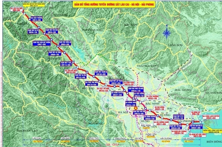 Bản đồ hướng tuyến đường sắt Lào Cai - Hà Nội - Hải Phòng. Ảnh: Đinh Đại