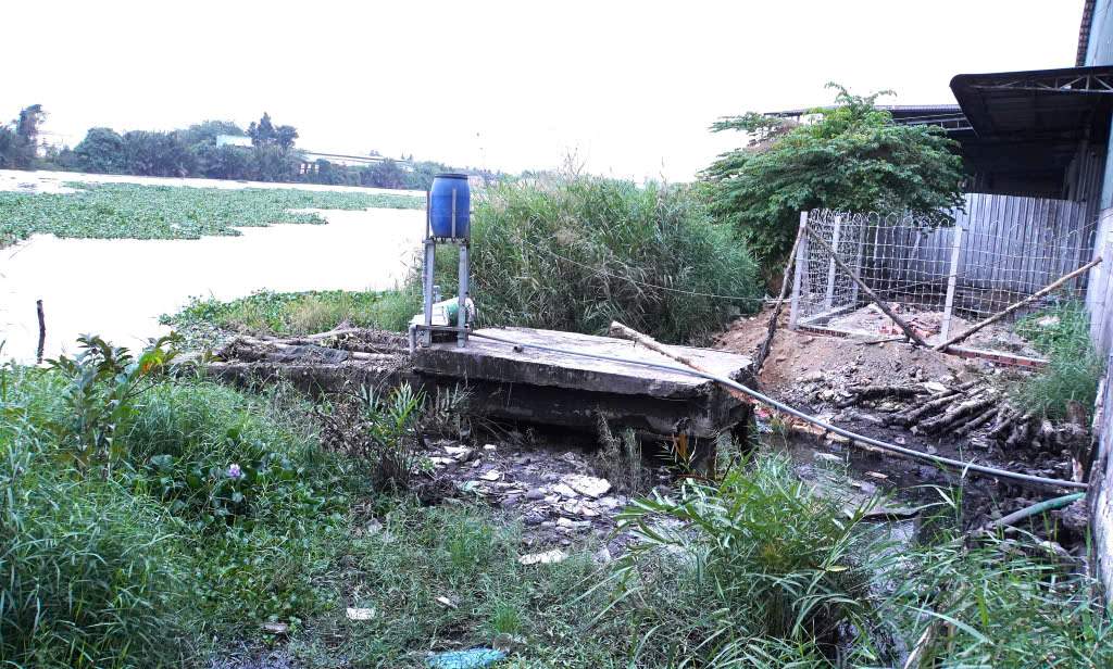 Nước thải từ nhà xưởng của Công ty TNHH Dịch Vụ Thới An không qua xử lý xả thẳng ra sông Vàm Cỏ Tây. Ảnh: Công an cung cấp