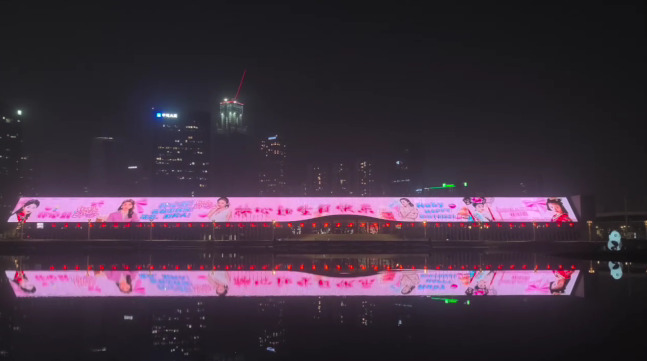 Người hâm mộ căng băng rôn mừng sinh nhật Lâm Tâm Như. Ảnh chụp màn hình