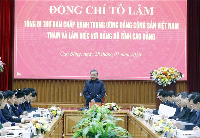 Tổng Bí thư Tô Lâm phát biểu tại buổi làm việc với Ban Chấp hành Đảng bộ tỉnh Cao Bằng. Ảnh: Thống Nhất/TTXVN