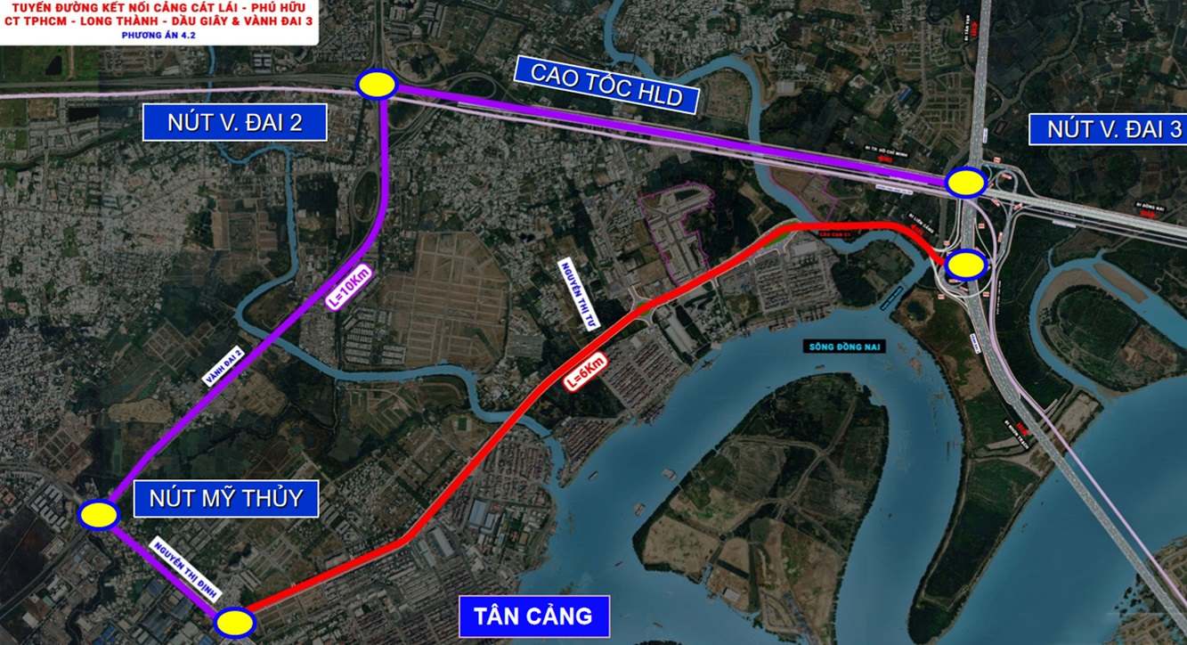 Hướng tuyến đường liên cảng Cát Lái - Phú Hữu (đường màu đỏ). Ảnh: Sở Xây dựng TPHCM