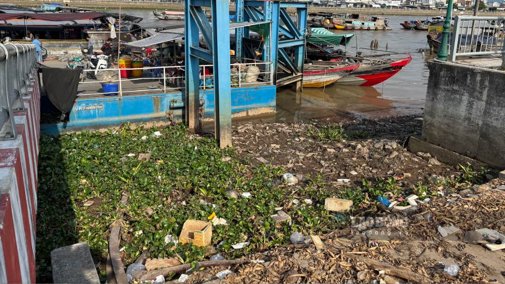 Khi nước rút, rác lẫn với lục bình, trộn với bùn lầy tạo nên khung cảnh nhếch nhác. Ảnh: Nhóm PV.