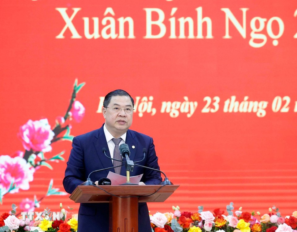 Ủy viên Bộ Chính trị, Bí thư Trung ương Đảng, Chánh Văn phòng Trung ương Đảng Phạm Gia Túc phát biểu. Ảnh: TTXVN