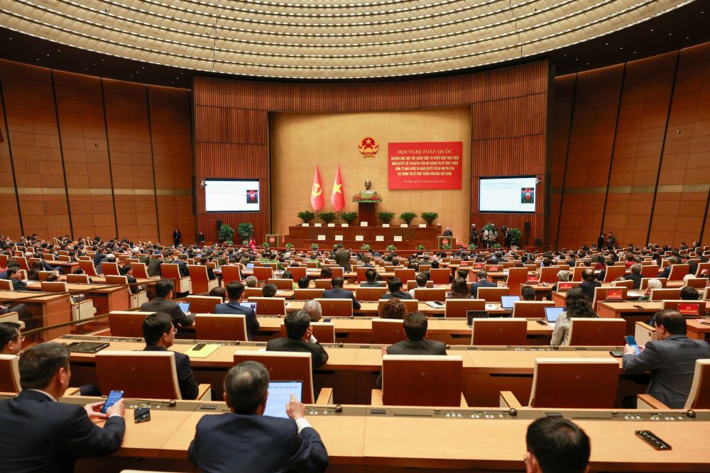 Toàn cảnh Hội nghị quán triệt toàn quốc về Nghị quyết 79 và Nghị quyết 80 của Bộ Chính trị, sáng 25.2. Ảnh: Hải Nguyễn