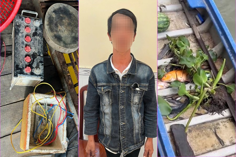 N.V.Đ cùng tang vật vi phạm sử dụng công cụ kích điện để khai thác thuỷ sản trên sông Cái Răng. Ảnh: Công an Cần Thơ