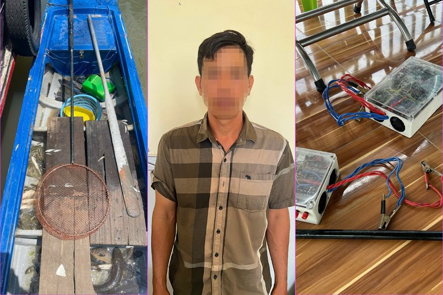 N.V.T cùng tang vật vi phạm sử dụng công cụ kích điện để khai thác thuỷ sản trên sông Cái Răng Bé. Ảnh: Công an Cần Thơ