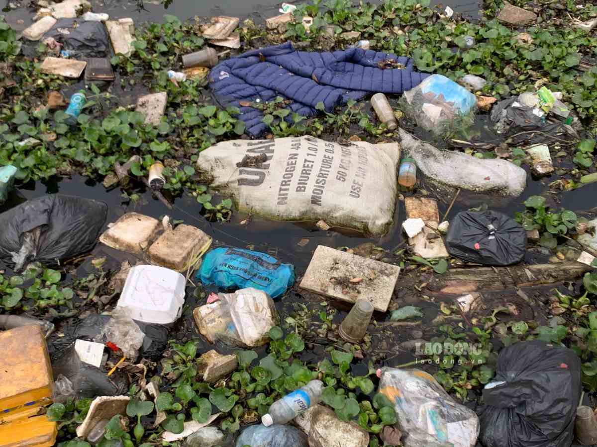 Đủ các loại rác thải bủa vây mặt sông khu vực Trạm bơm cầu Lê, xã Long Hưng, tỉnh Hưng Yên. Ảnh: Hà Vi