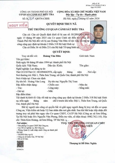 Quyết định truy nã Hoàng Văn Hữu. Nguồn CAHN