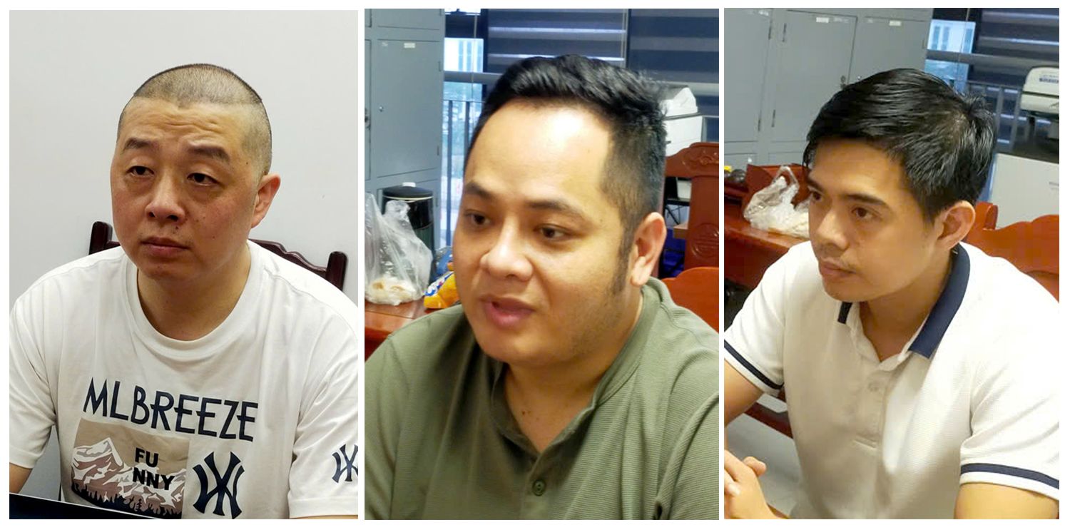 Các đối tượng Xiang Guoquan, Trần Việt Huy, Võ Tấn Hiệp (từ trái qua phải) tại cơ quan điều tra. Ảnh: Công an Thanh Hóa