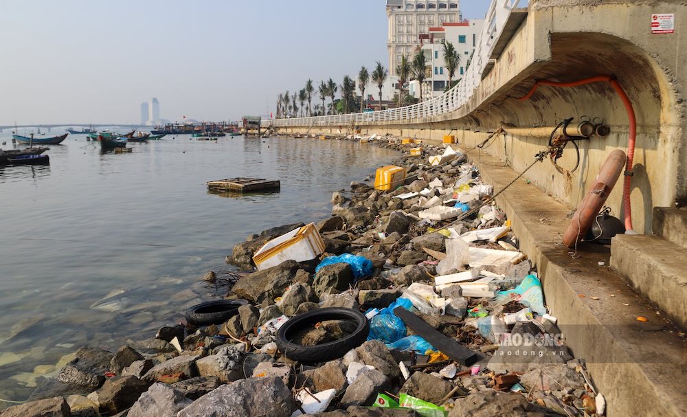 Nhiều loại rác thải liên tục tấp vào bờ, biến khu vực ven sông Nhật Lệ trở nên ô nhiễm. Ảnh: Nguyễn Luân