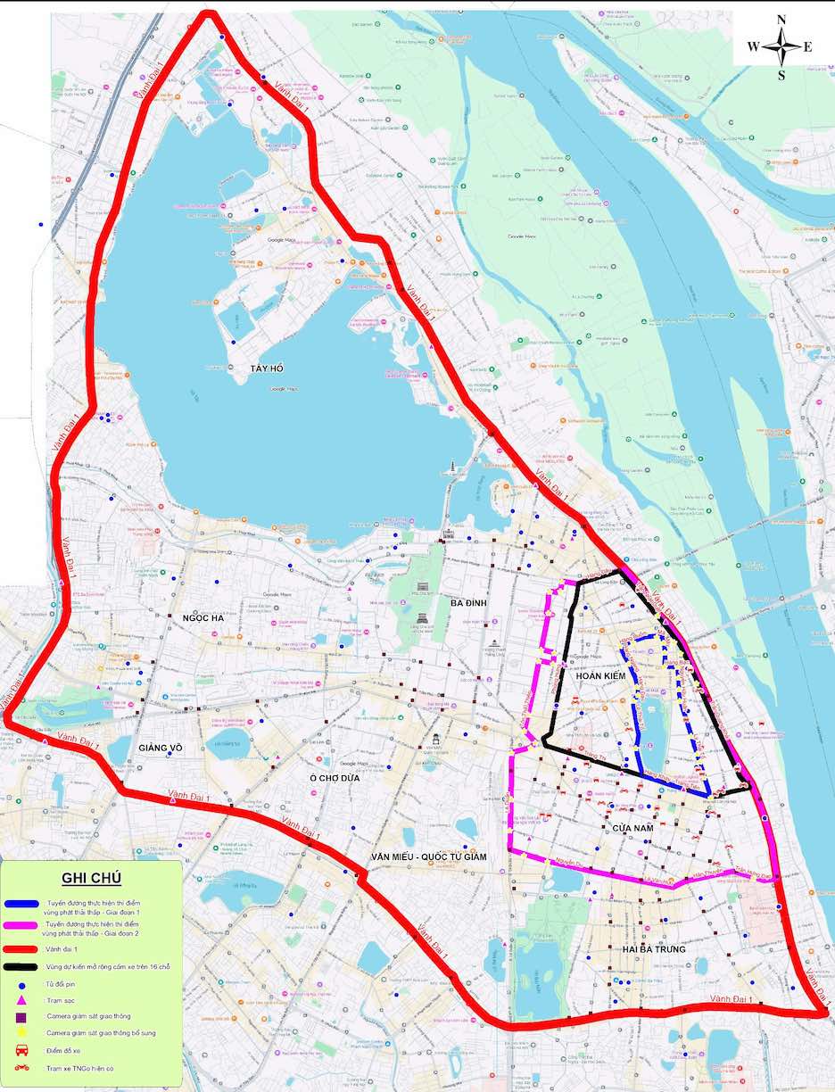 Bản đồ dự kiến các giai đoạn triển khai vùng phát thải thấp trong vành đai 1. Nguồn: UBND TP Hà Nội