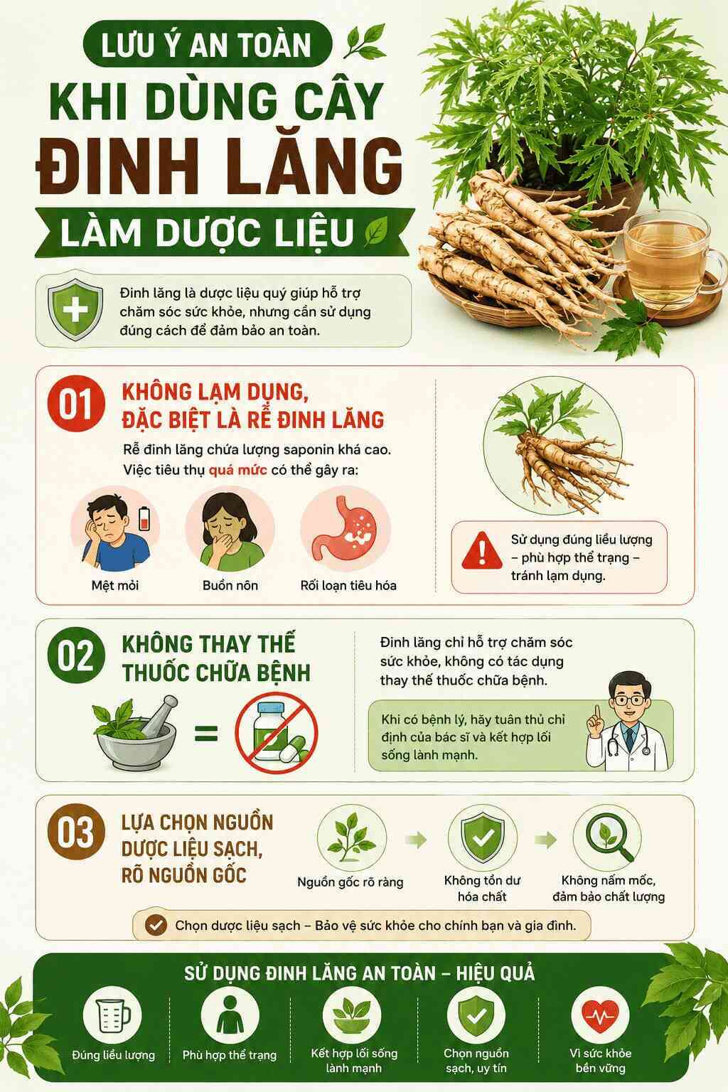 Infographic: Tóm tắt các lưu ý an toàn y khoa khi sử dụng cây đinh lăng làm dược liệu để bồi bổ sức khỏe và hỗ trợ ngủ ngon. Đồ họa: Trà My
