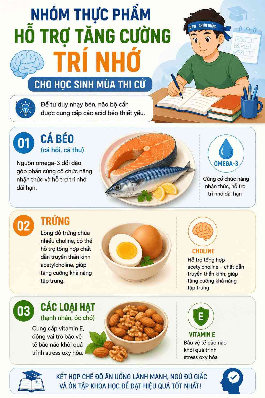 Infographic: Chi tiết về các nhóm thực phẩm giàu Omega-3, Choline và Vitamin E hỗ trợ tăng cường trí nhớ cho học sinh vào mùa thi cử. Đồ họa: Trà My