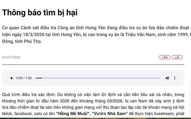 Công an Hưng Yên tìm bị hại vụ lừa đảo bán cây Muội Hồng trên mạng