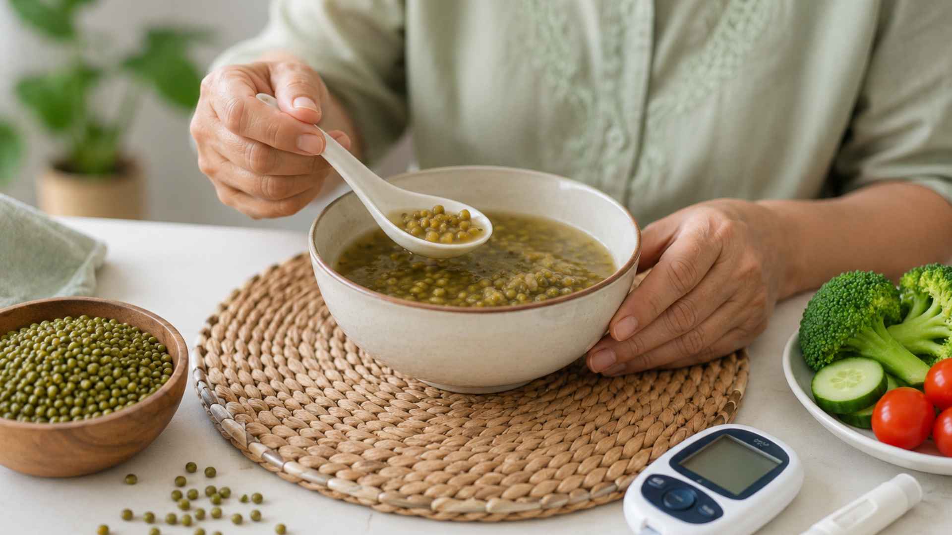 Người mắc tiểu đường vẫn có thể ăn canh đậu xanh với lượng phù hợp và không thêm đường khi chế biến. (Ảnh có sự hỗ trợ của AI)